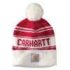 Carhartt Hats: Unisex 105168 600 Red Knit Pom Pom Cuffed Logo Beanie