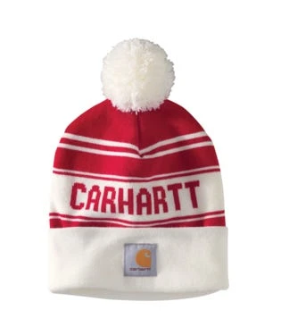 Carhartt Hats: Unisex 105168 600 Red Knit Pom Pom Cuffed Logo Beanie 1 Carhartt Hats: Unisex 105168 600 Red Knit Pom Pom Cuffed Logo Beanie