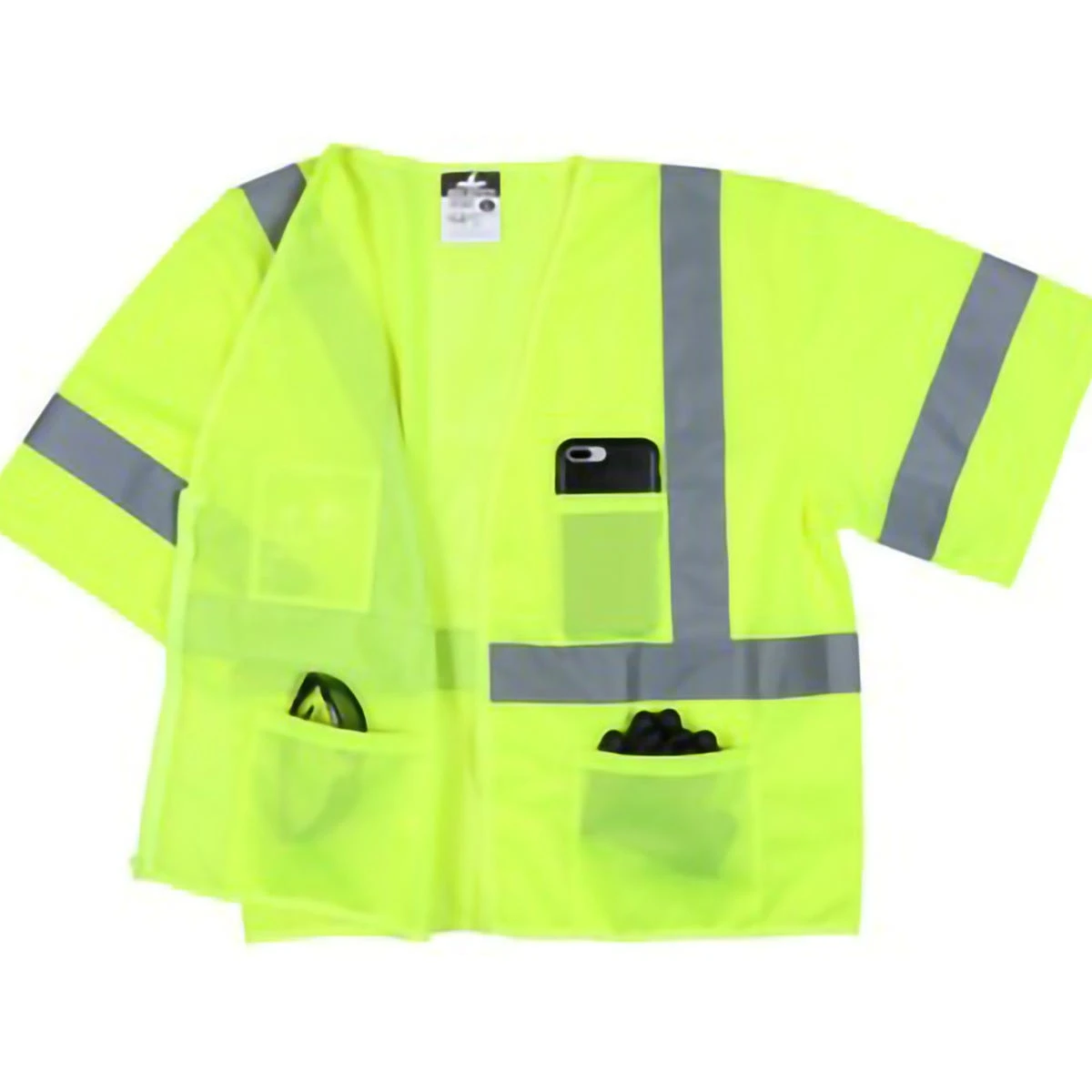MCR Safety Vests: Men's VCL3MLZ Lime Hi Vis Reflective Lime Mesh Fabric Silver Stripes Zipper Front Closure Safety Vest 2 MCR Safety Vests: Men's VCL3MLZ Lime Hi Vis Reflective Lime Mesh Fabric Silver Stripes Zipper Front Closure Safety Vest - Image 2