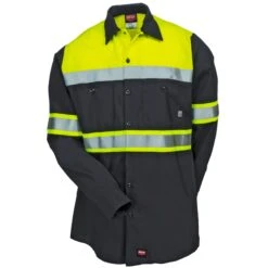 Red Kap Shirts: High Vis Colorblock SY70 YC Men's Charcoal Ripstop Button Down Shirt -Work Clothes Discount Store red kap sy70yc2 f 01